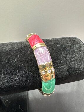 Colorful Gold-Tone Hinged Bangle Bracelet With Multicolor Enamel Panels & Rhines